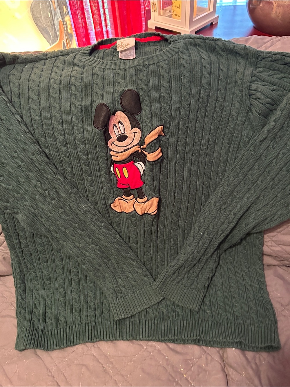 Disney Green Cable-Knit Crewneck Sweater with Mickey Applique
